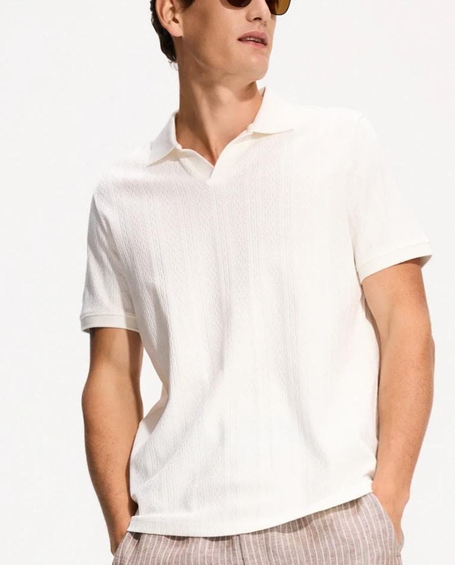 White Textured Open-Collar Polo sold by Mi Pequeño Closet - Tiendita D'Sofi