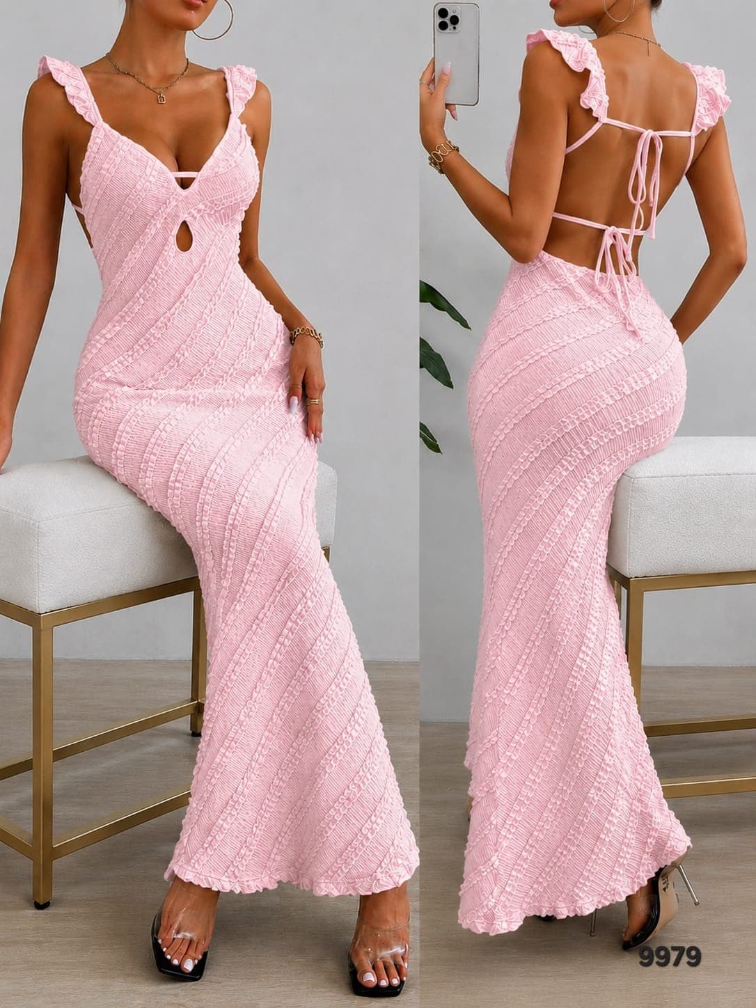 Textured Open-Back Maxi Dress - Pink sold by Pamper Yourself