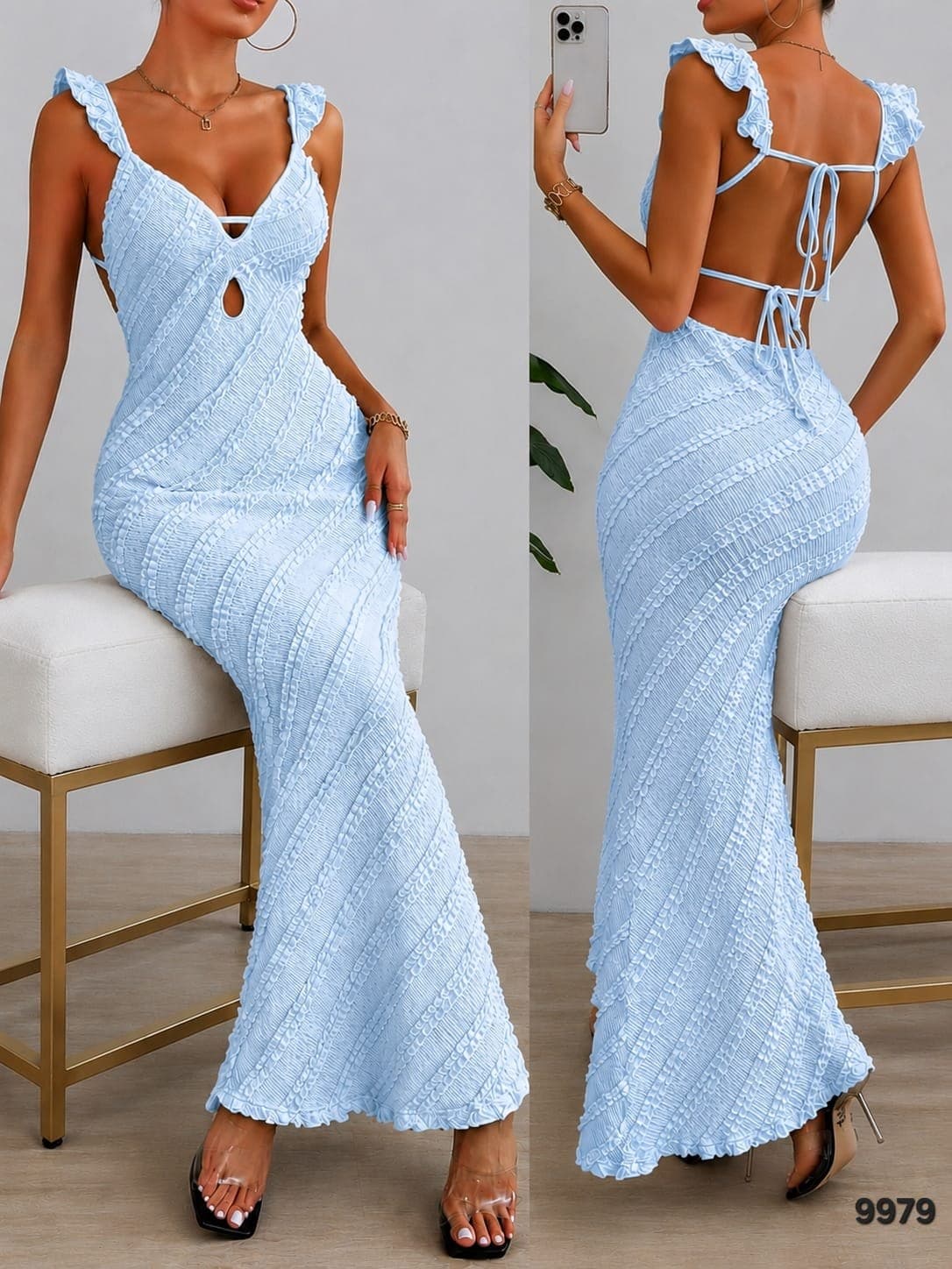 Textured Open-Back Maxi Dress - Light Blue sold by Pamper Yourself